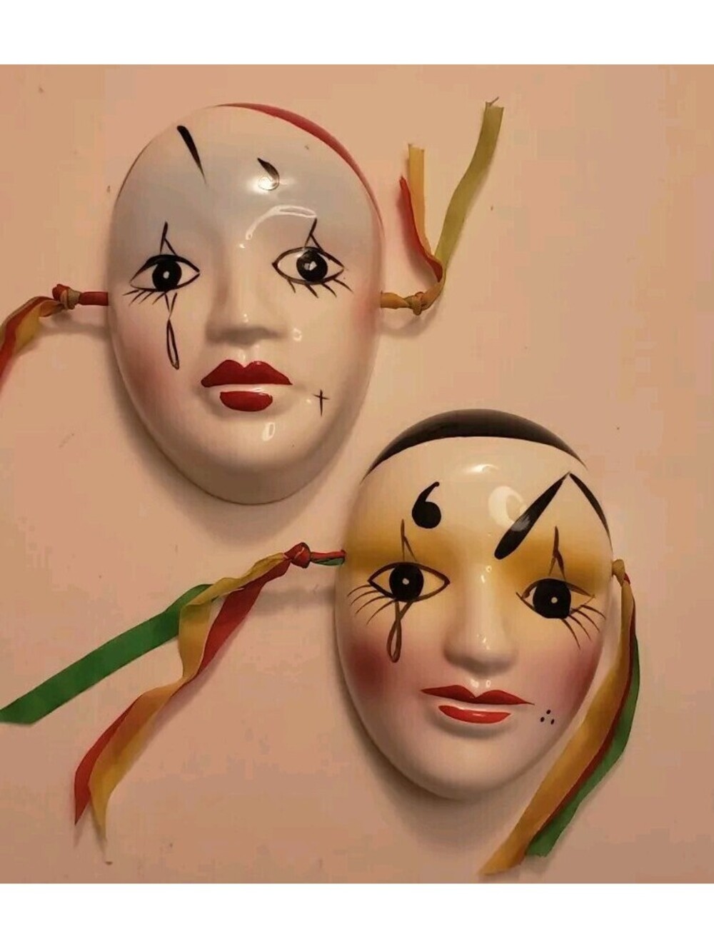 Vintage Mardi Gras Porcelain Ceramic Painted Face Masks Wall Hanging Taiwan